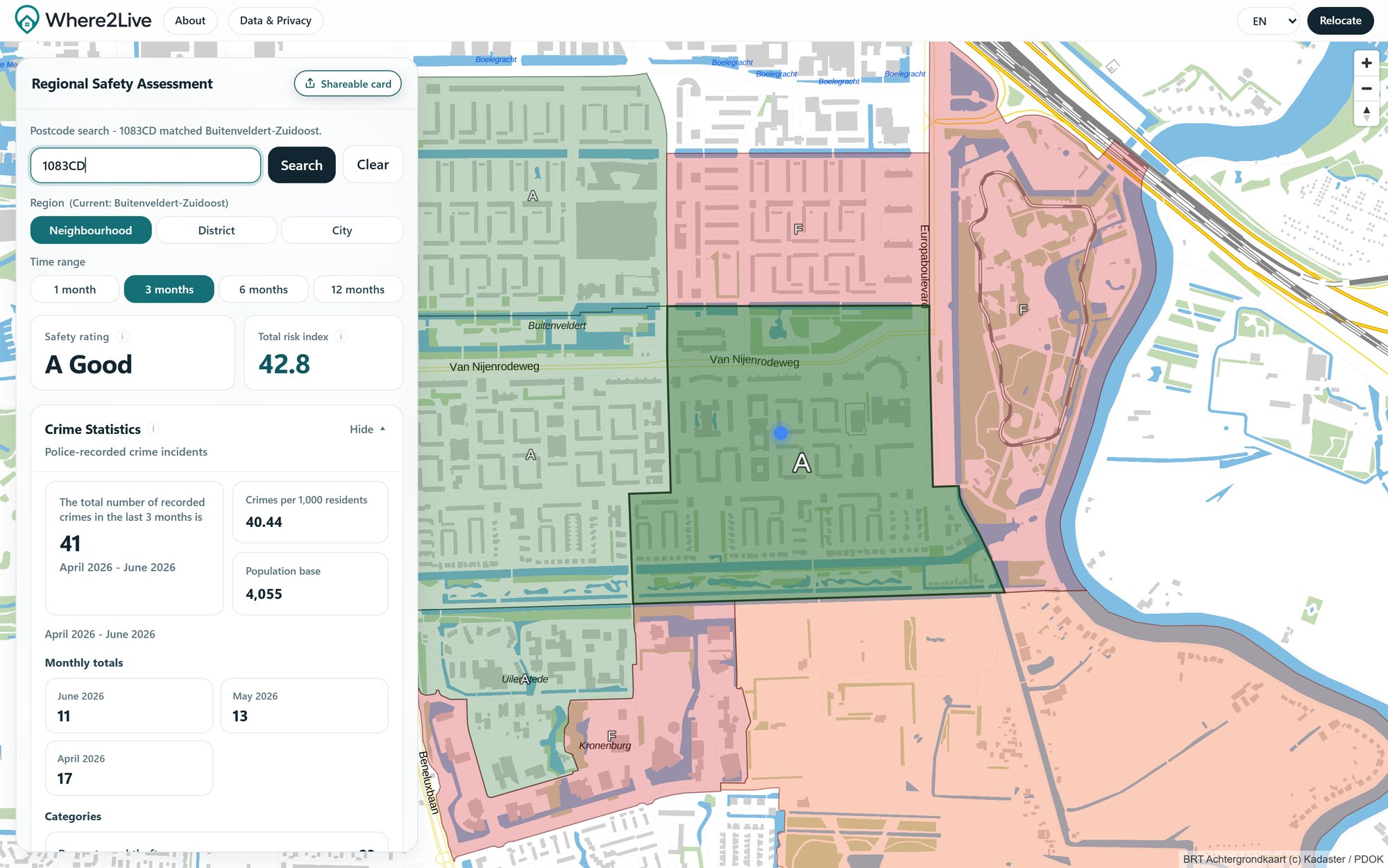 where2live.app — safety assessment for an Amsterdam neighbourhood, grade A, with surrounding blocks graded on the map